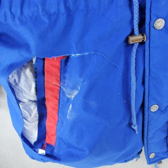 FLAWS** Vintage 90s Buffalo Bills NFL Jacket XL Parka Triple FAT‎ Goose Blue Red